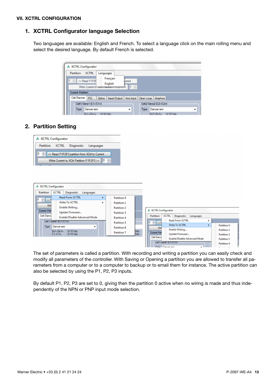 Xctrl configurator language selection, Partition setting | Warner Electric XCTRL-2DRV User Manual | Page 13 / 34