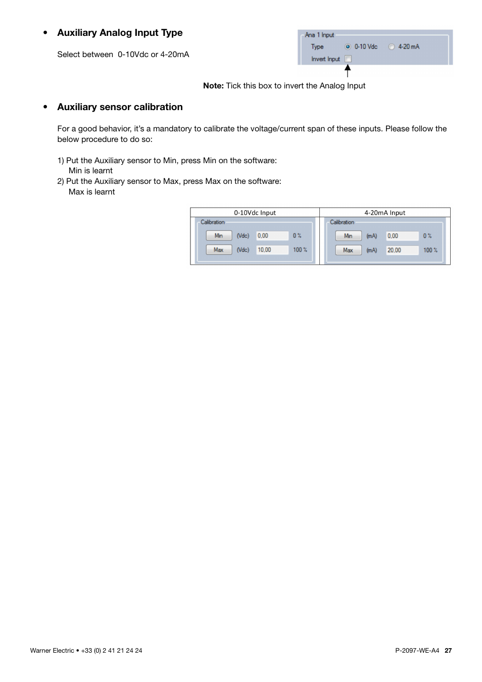 Auxiliary analog input type, Auxiliary sensor calibration | Warner Electric XCTRL-2DRV User Manual | Page 27 / 34