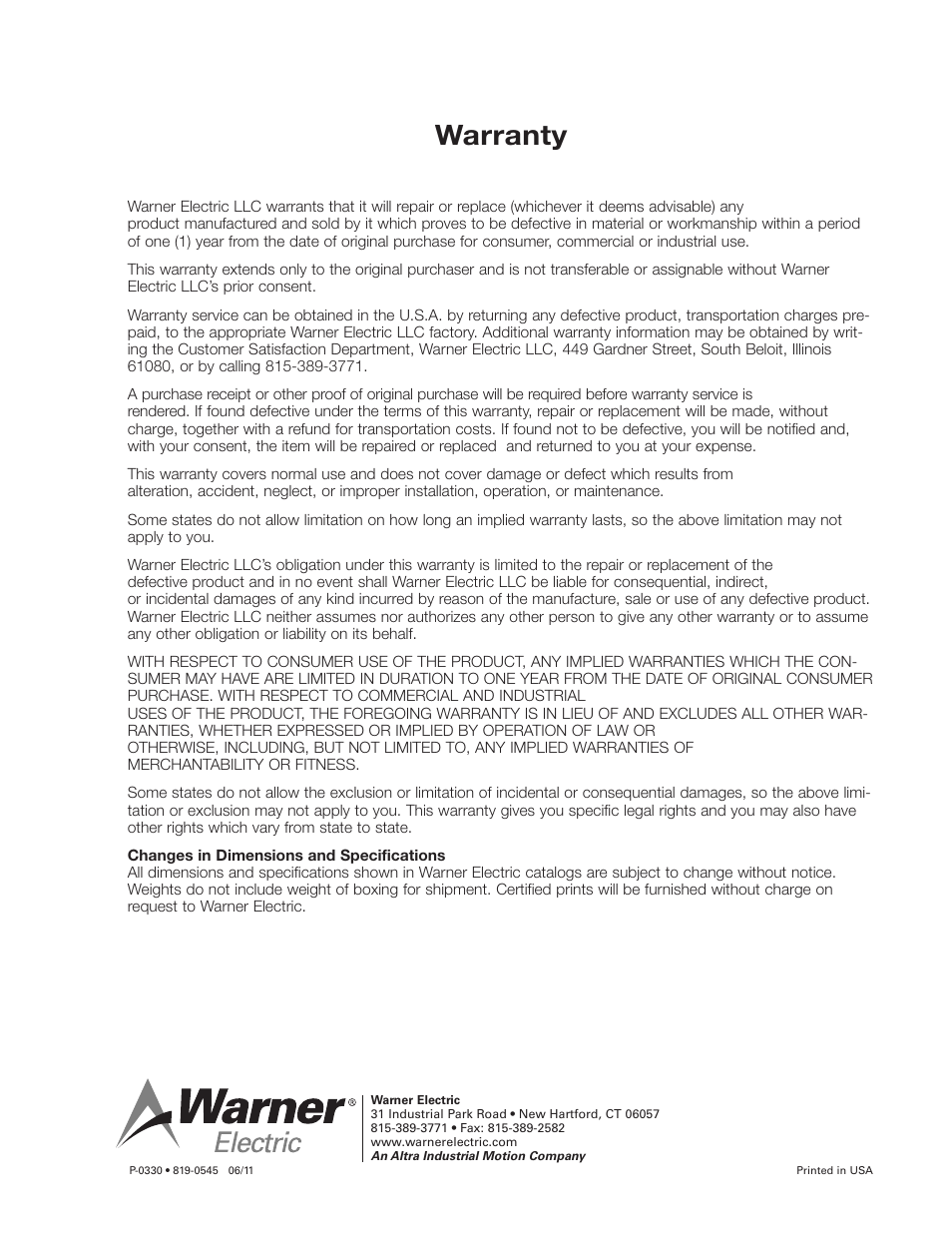Warranty | Warner Electric Re-gap Adjustment Procedure User Manual | Page 4 / 4