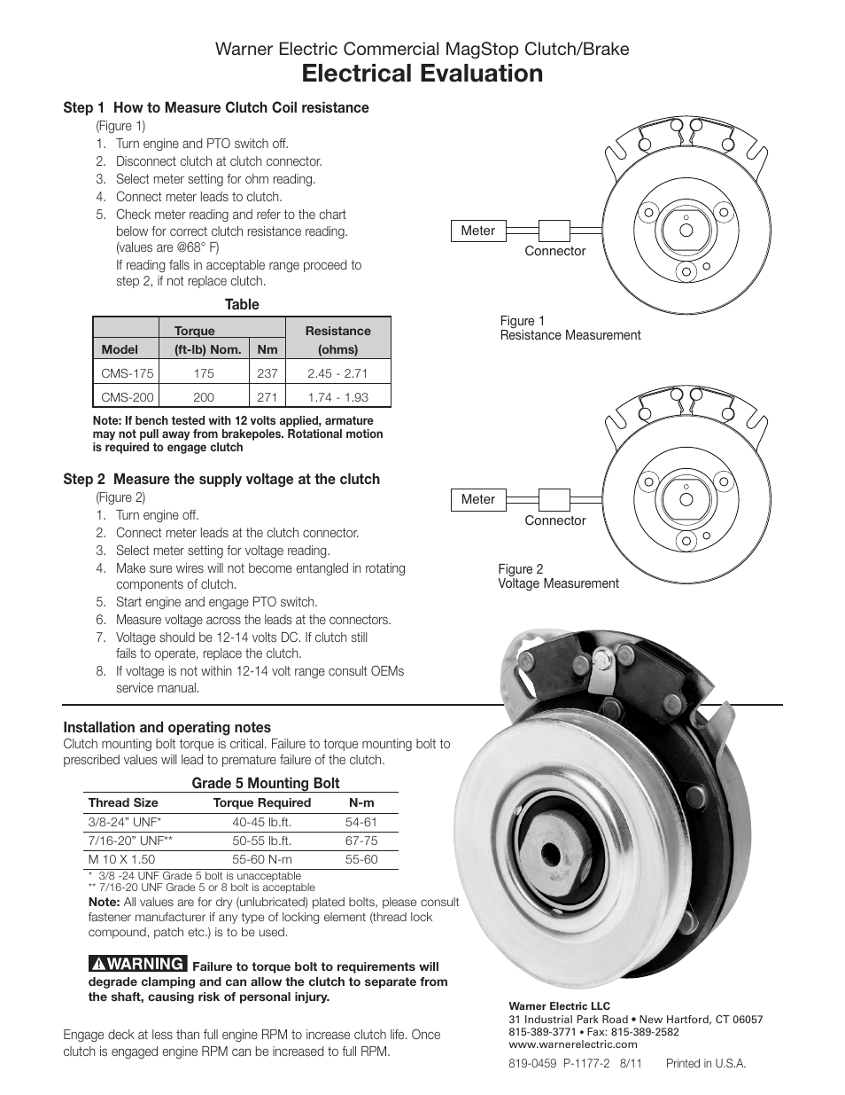 Warner Electric Electrical Evaluation User Manual | 2 pages