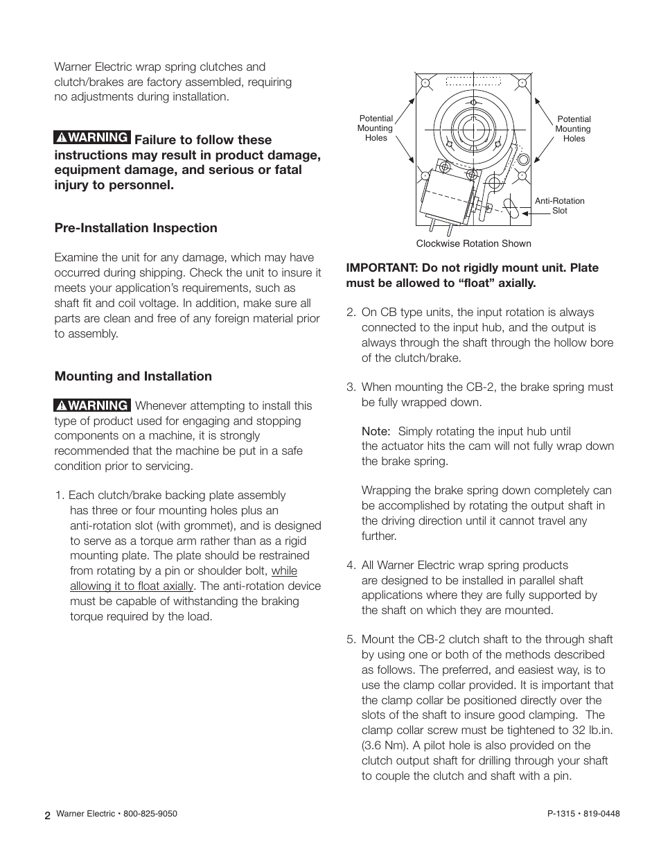 Mounting and installation | Warner Electric CB Series Size 2 User Manual | Page 2 / 6