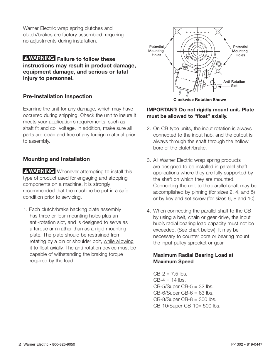 Mounting and installation | Warner Electric CB Series and Super CB Series CB-4 to CB-10 User Manual | Page 2 / 6
