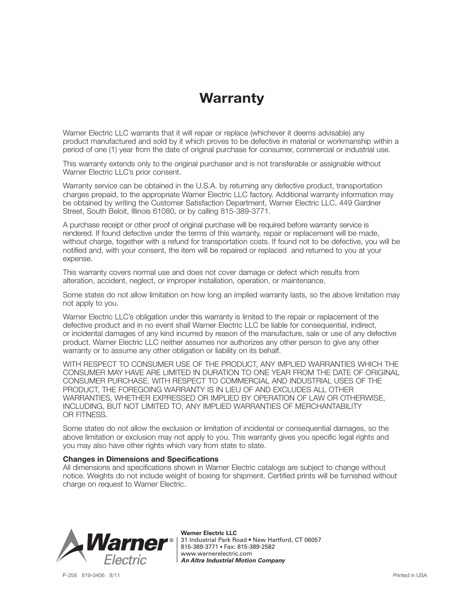 Warranty | Warner Electric CB Series and Super CB Series Sizes 2, 4, 5, 6 and 8 User Manual | Page 14 / 14