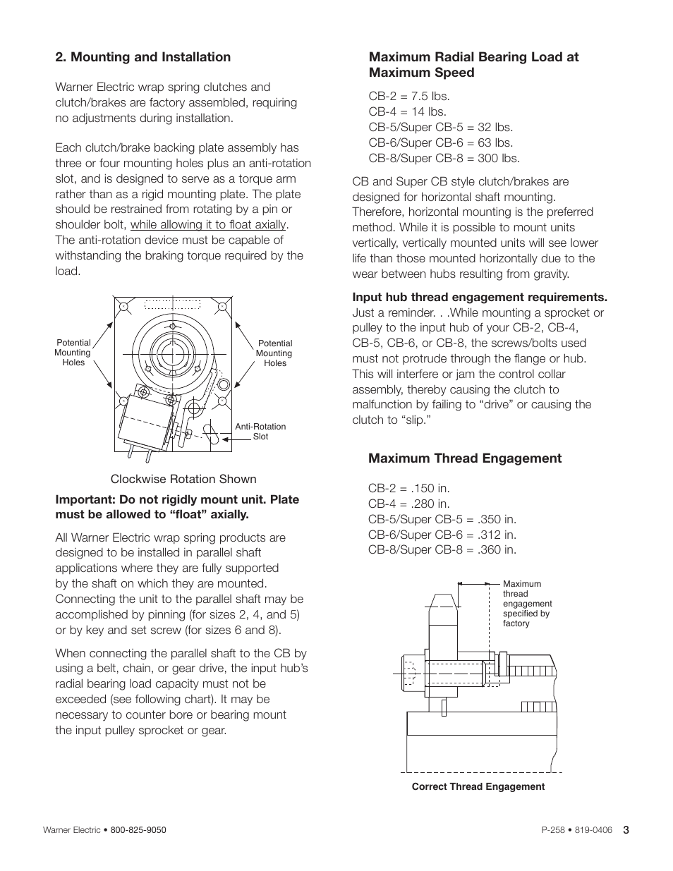 Mounting and installation, Maximum radial bearing load at maximum speed, Maximum thread engagement | Warner Electric CB Series and Super CB Series Sizes 2, 4, 5, 6 and 8 User Manual | Page 3 / 14