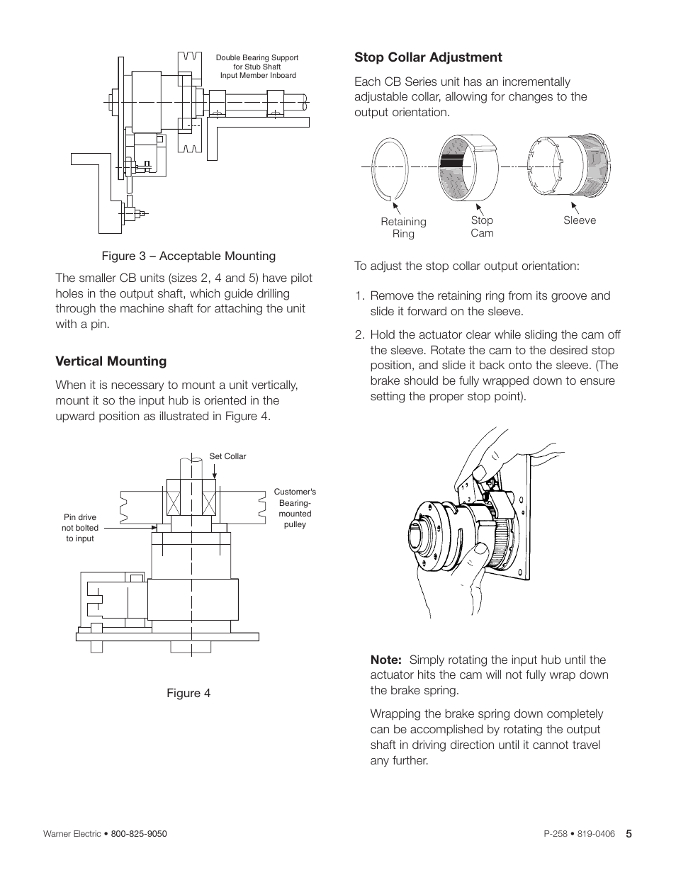 Vertical mounting, Stop collar adjustment | Warner Electric CB Series and Super CB Series Sizes 2, 4, 5, 6 and 8 User Manual | Page 5 / 14