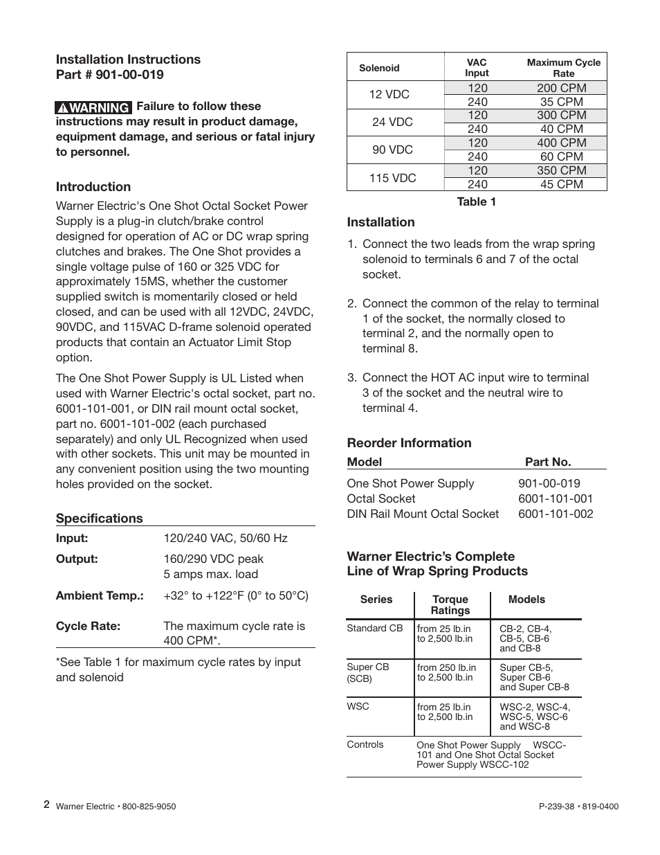 Warner Electric WSCC-102 User Manual | Page 2 / 4