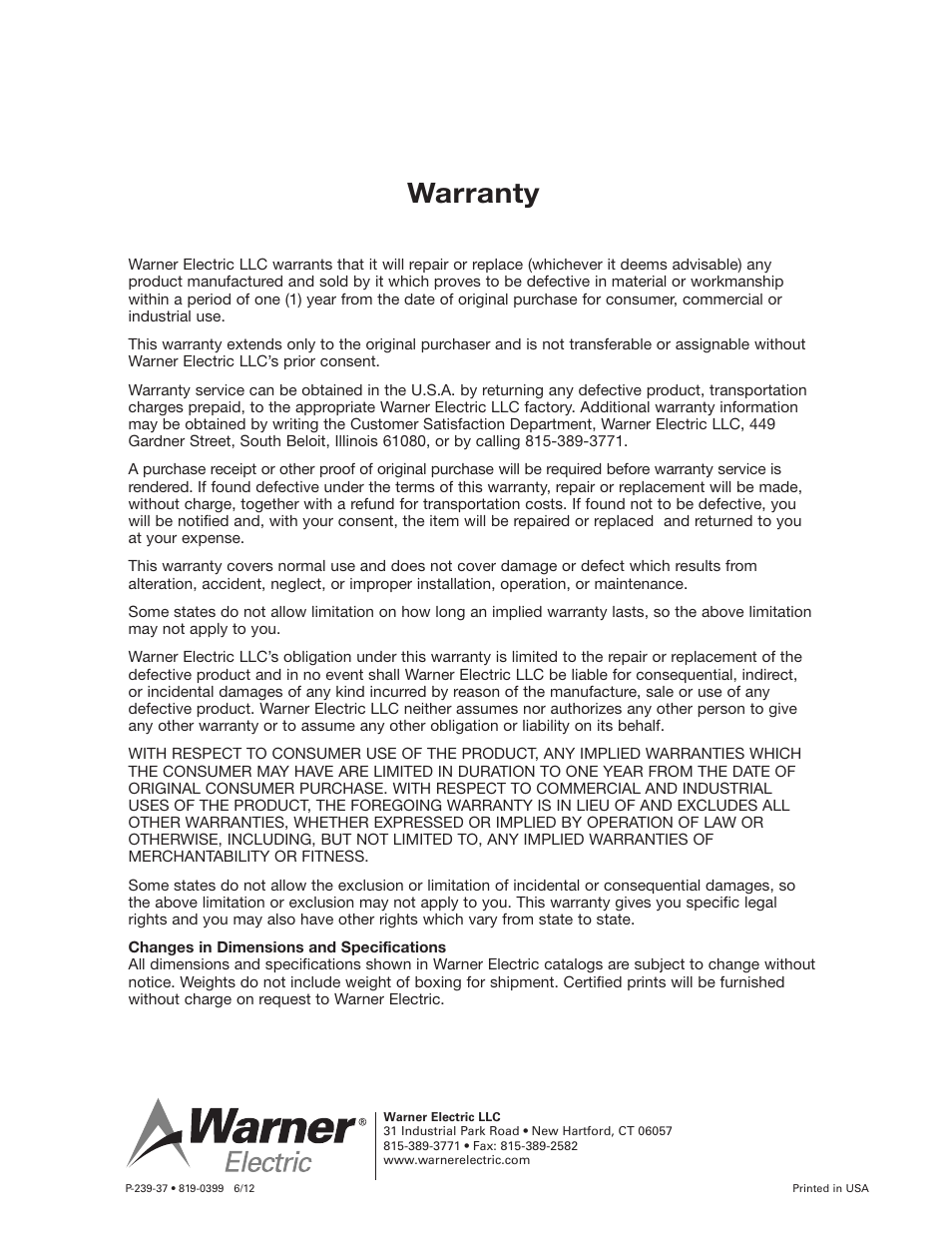 Warranty | Warner Electric WSCC-101 User Manual | Page 4 / 4