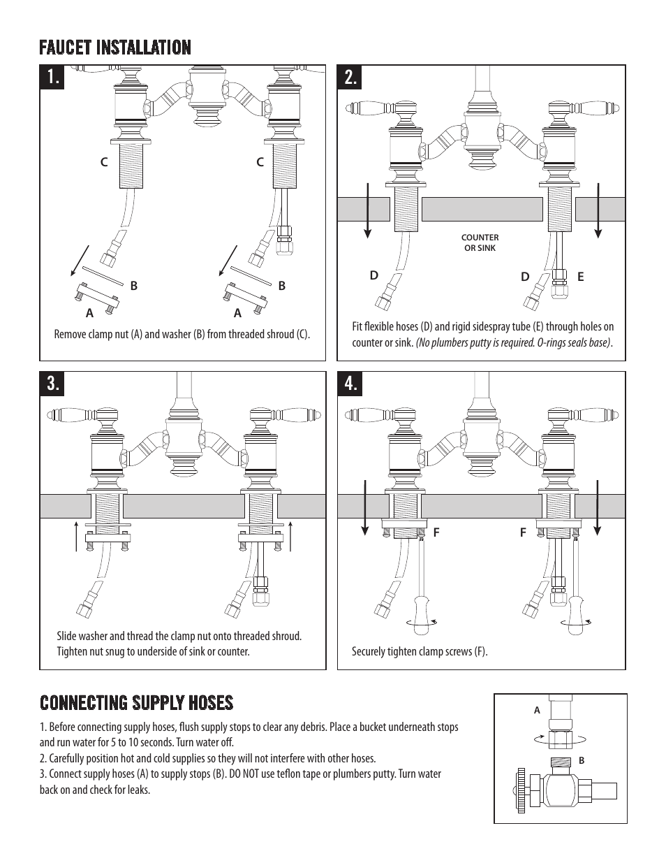 Faucet installation, Connecting supply hoses | Waterstone BRIDGE FAUCETS 6350 User Manual | Page 3 / 6