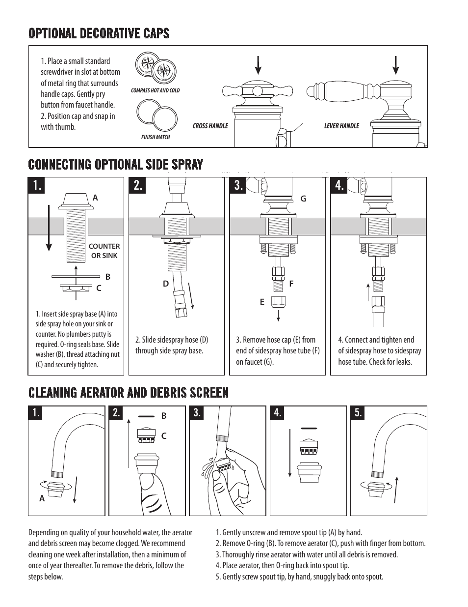 Connecting optional side spray, Optional decorative caps, Cleaning aerator and debris screen | Waterstone BRIDGE FAUCETS 6350 User Manual | Page 4 / 6
