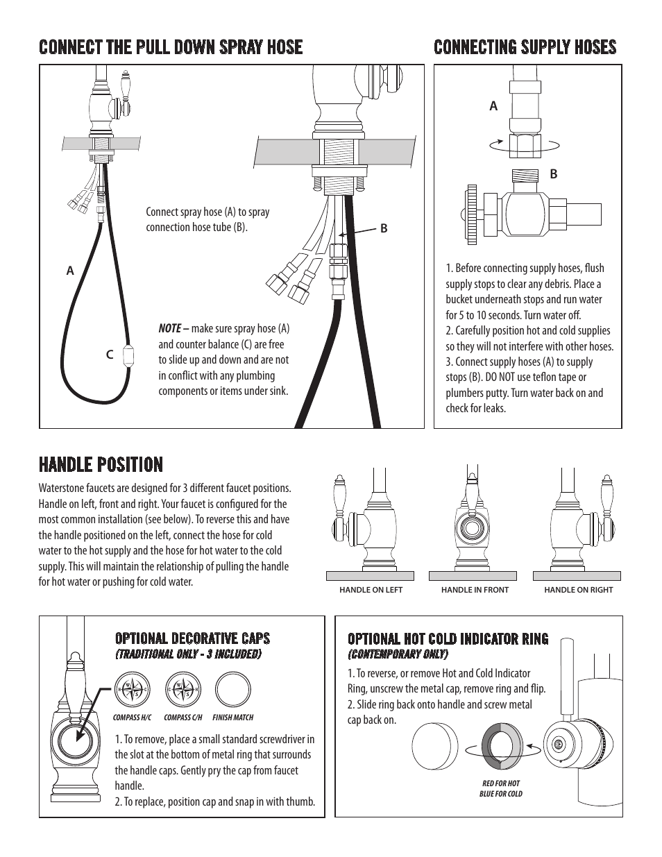 Handle position, Optional decorative caps, Optional hot cold indicator ring | Waterstone PLP PULLDOWN FAUCET 5800 User Manual | Page 3 / 6