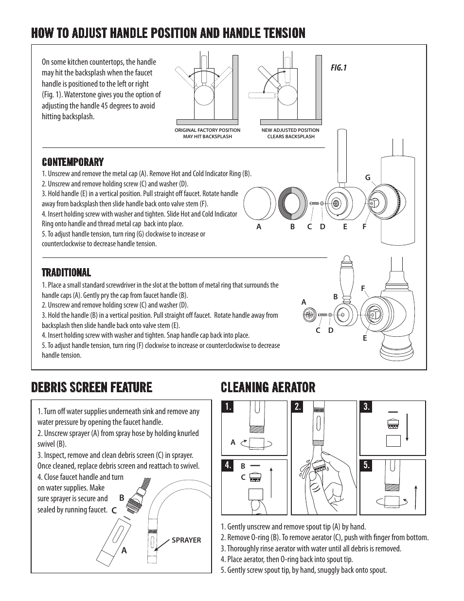 Debris screen feature, How to adjust handle position and handle tension, Cleaning aerator | Contemporary traditional | Waterstone PLP PULLDOWN FAUCET 5800 User Manual | Page 4 / 6