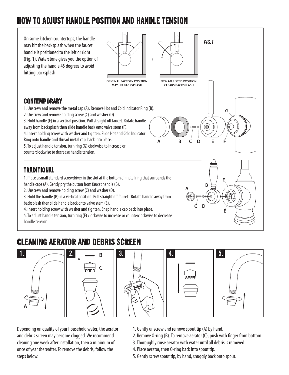 How to adjust handle position and handle tension, Cleaning aerator and debris screen, Contemporary traditional | Waterstone PREP FAUCETS 4900 User Manual | Page 4 / 6