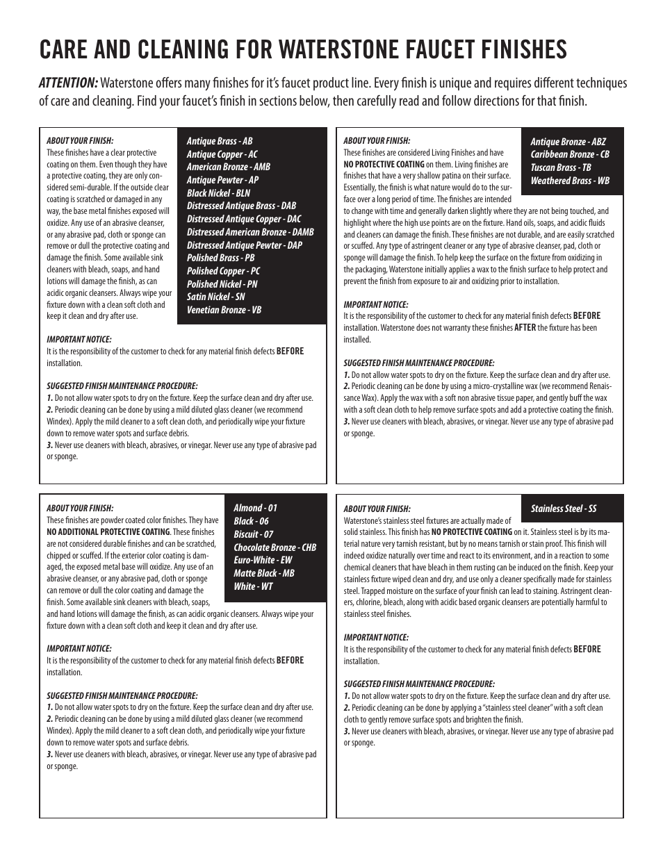 Care and cleaning for waterstone faucet finishes | Waterstone PREP FAUCETS 4900 User Manual | Page 5 / 6