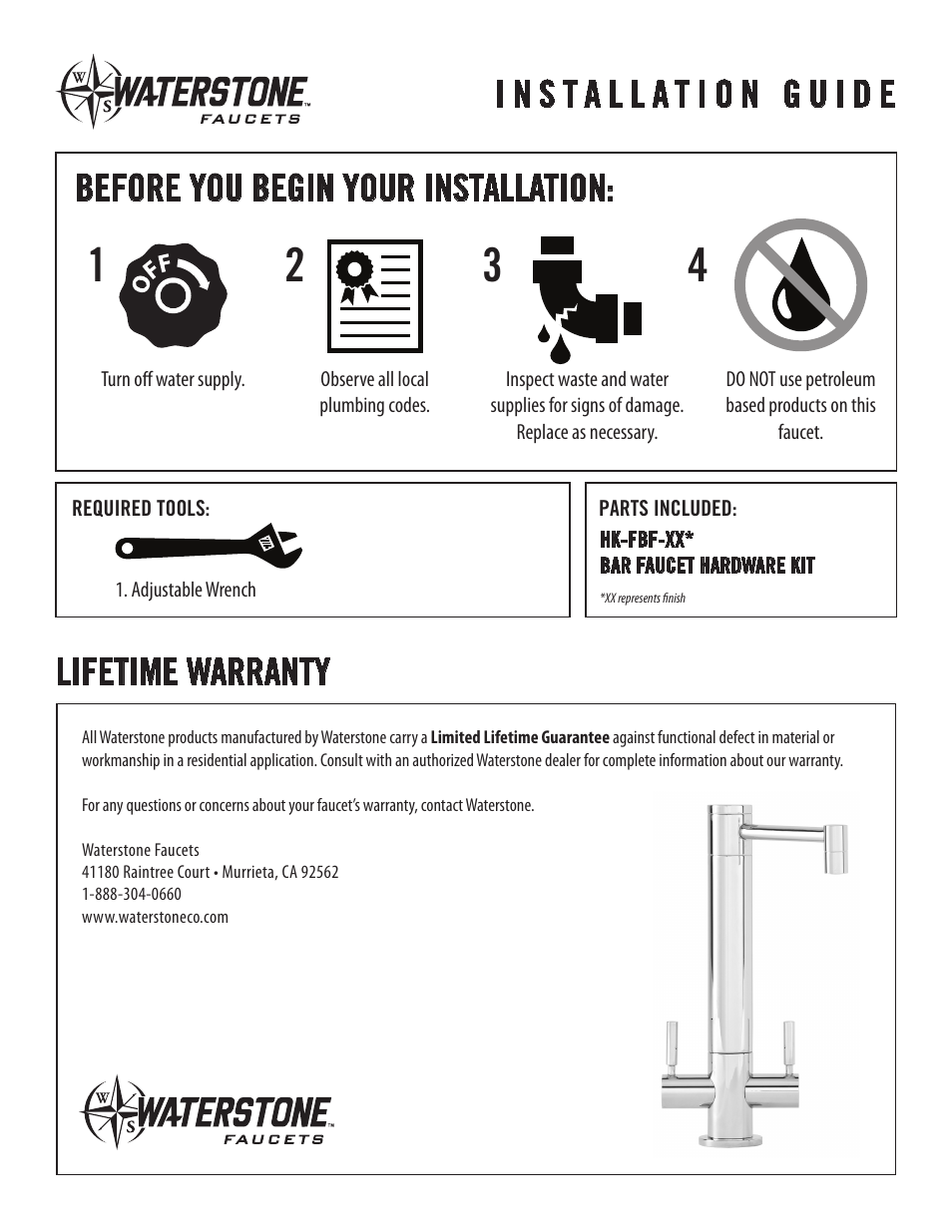 Lifetime warranty | Waterstone BAR FAUCETS 2500 User Manual | Page 2 / 6