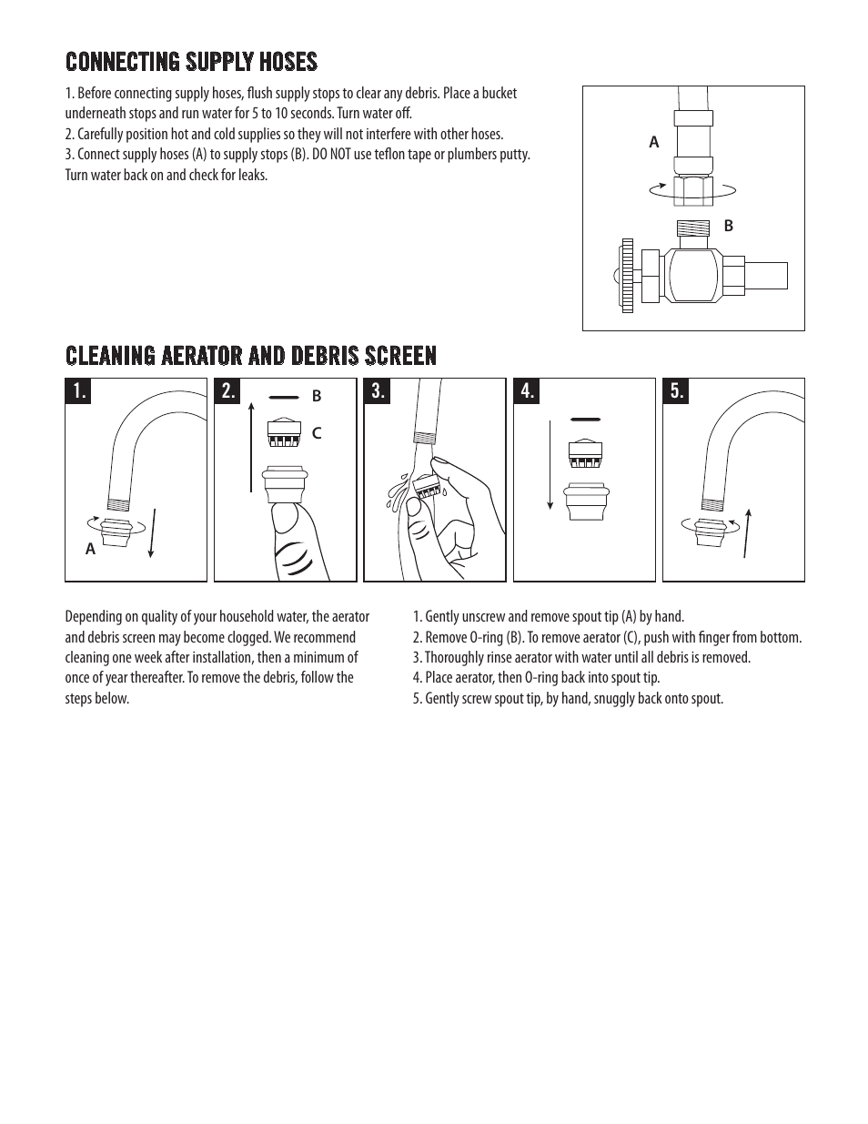 Connecting supply hoses, Cleaning aerator and debris screen | Waterstone BAR FAUCETS 2500 User Manual | Page 4 / 6