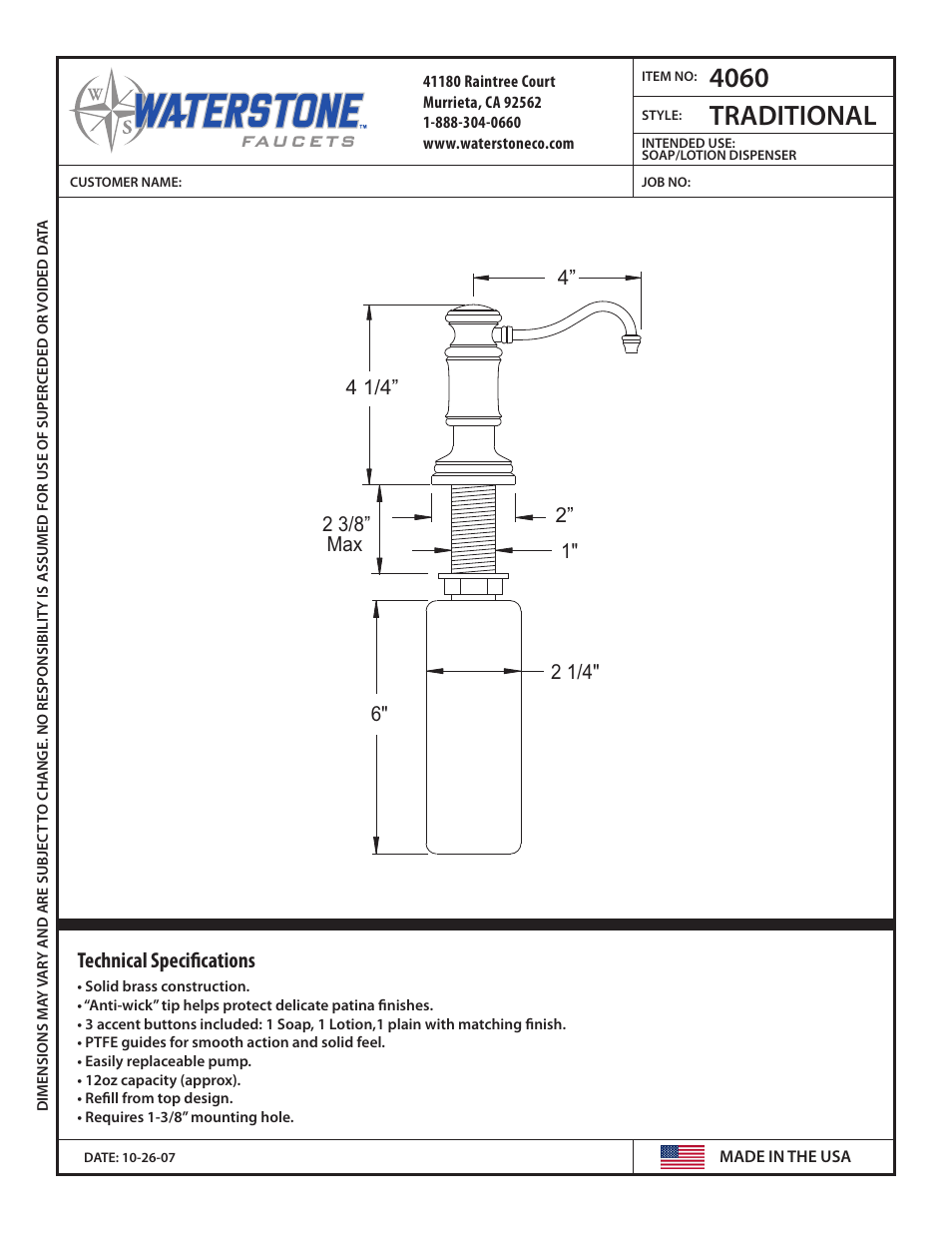 Waterstone SOAP - LOTION DISPENSERS 4060 User Manual | 1 page