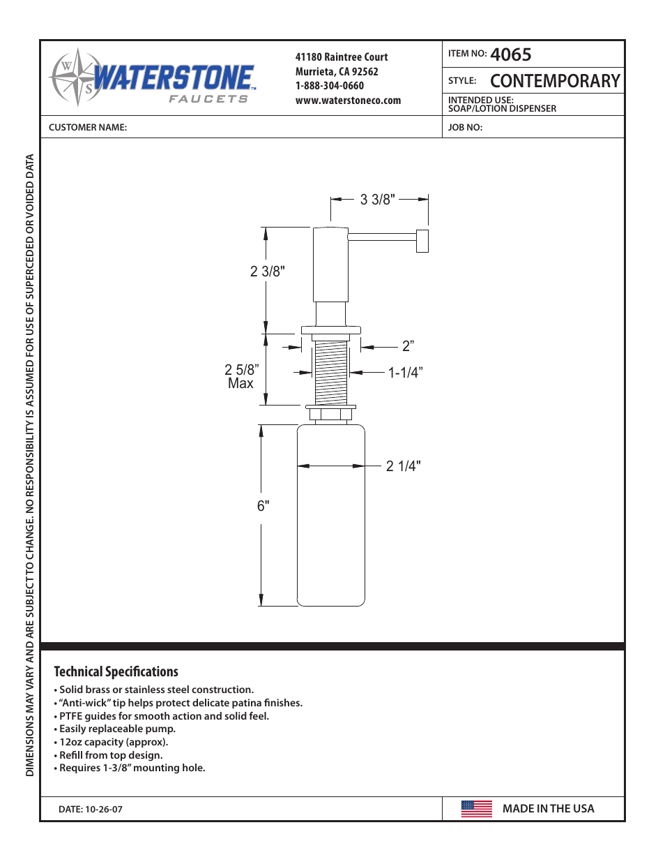 Waterstone SOAP - LOTION DISPENSERS 4065 User Manual | 1 page