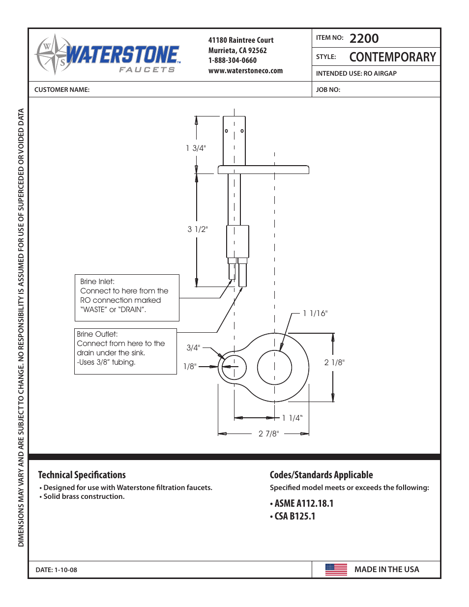 Waterstone AIR GAPS 2200 User Manual | 1 page