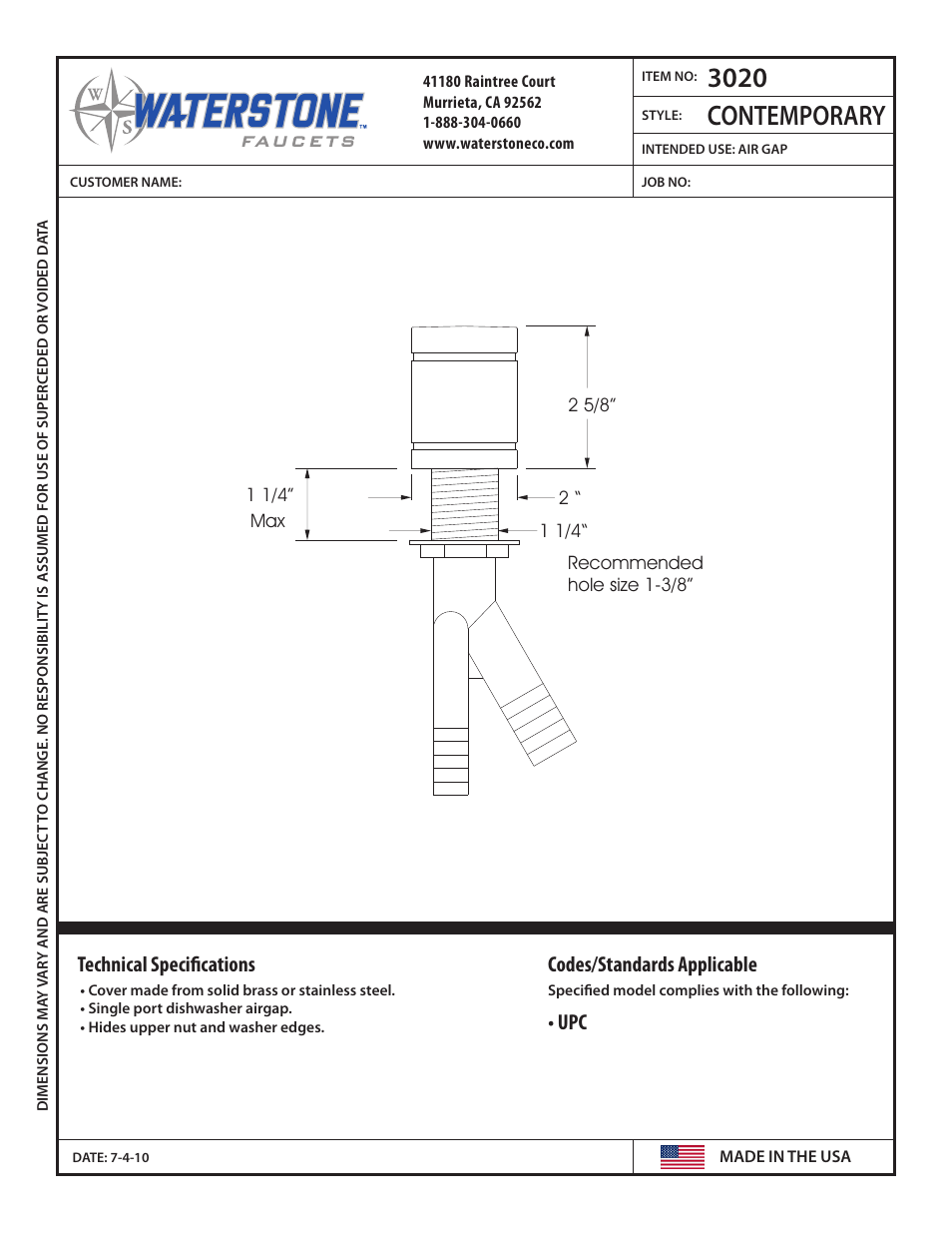 Waterstone AIR GAPS 3020 User Manual | 1 page