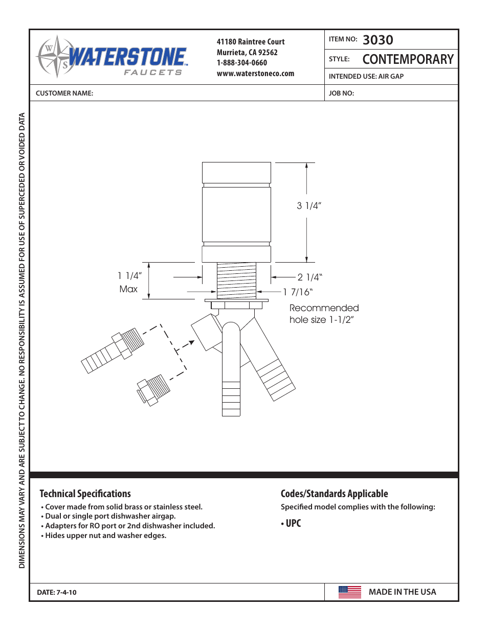 Waterstone AIR GAPS 3030 User Manual | 1 page
