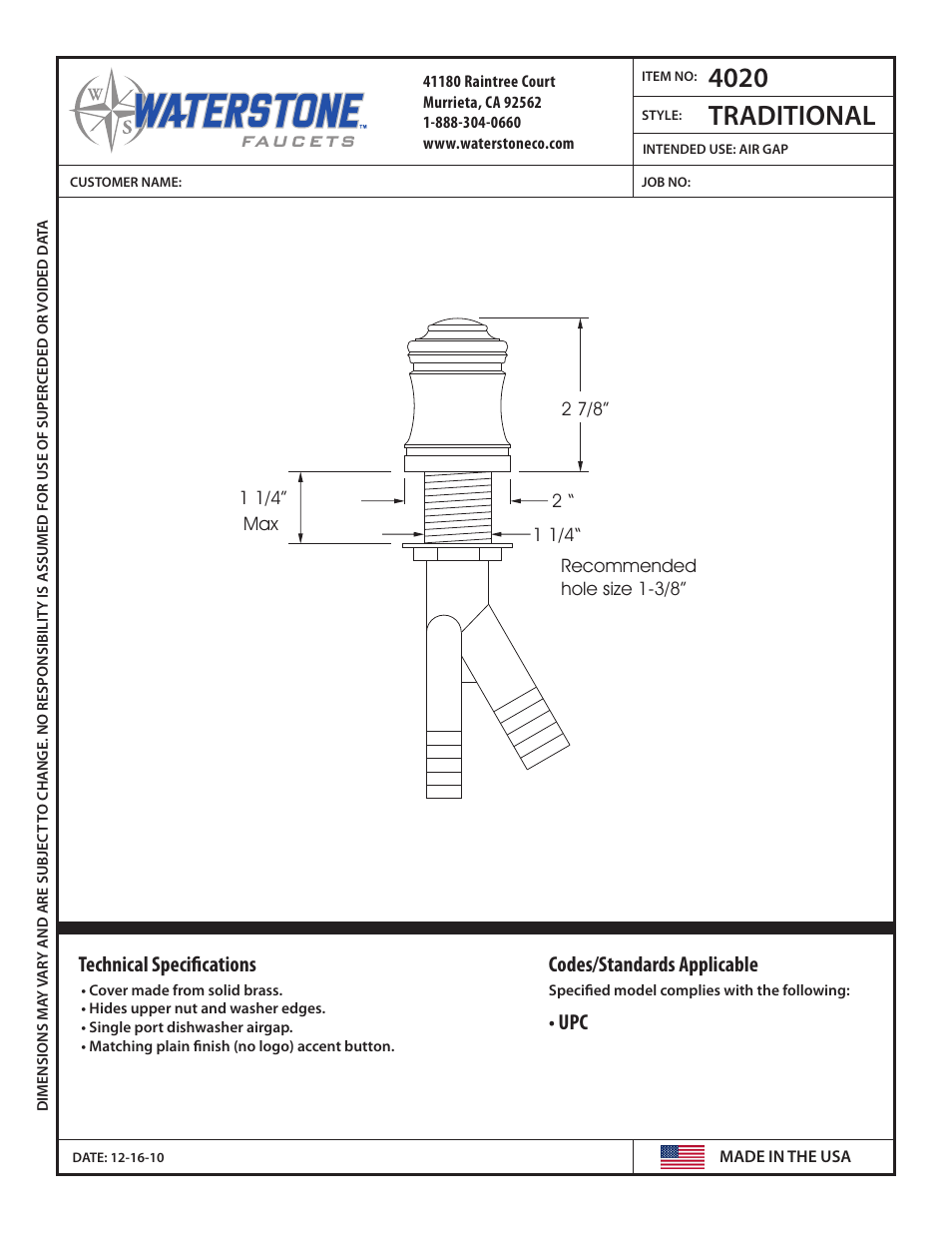 Waterstone AIR GAPS 4020 User Manual | 1 page