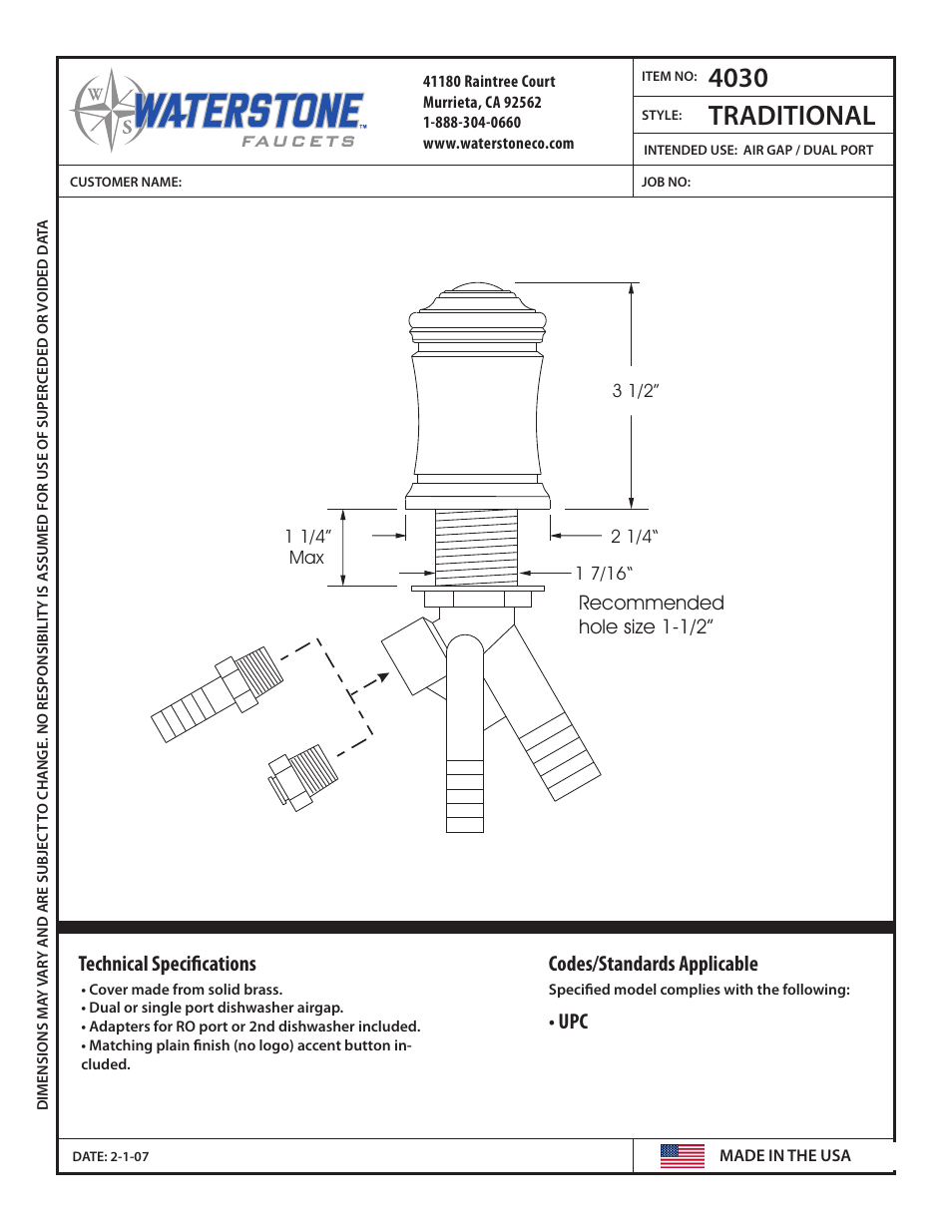 Waterstone AIR GAPS 4030 User Manual | 1 page