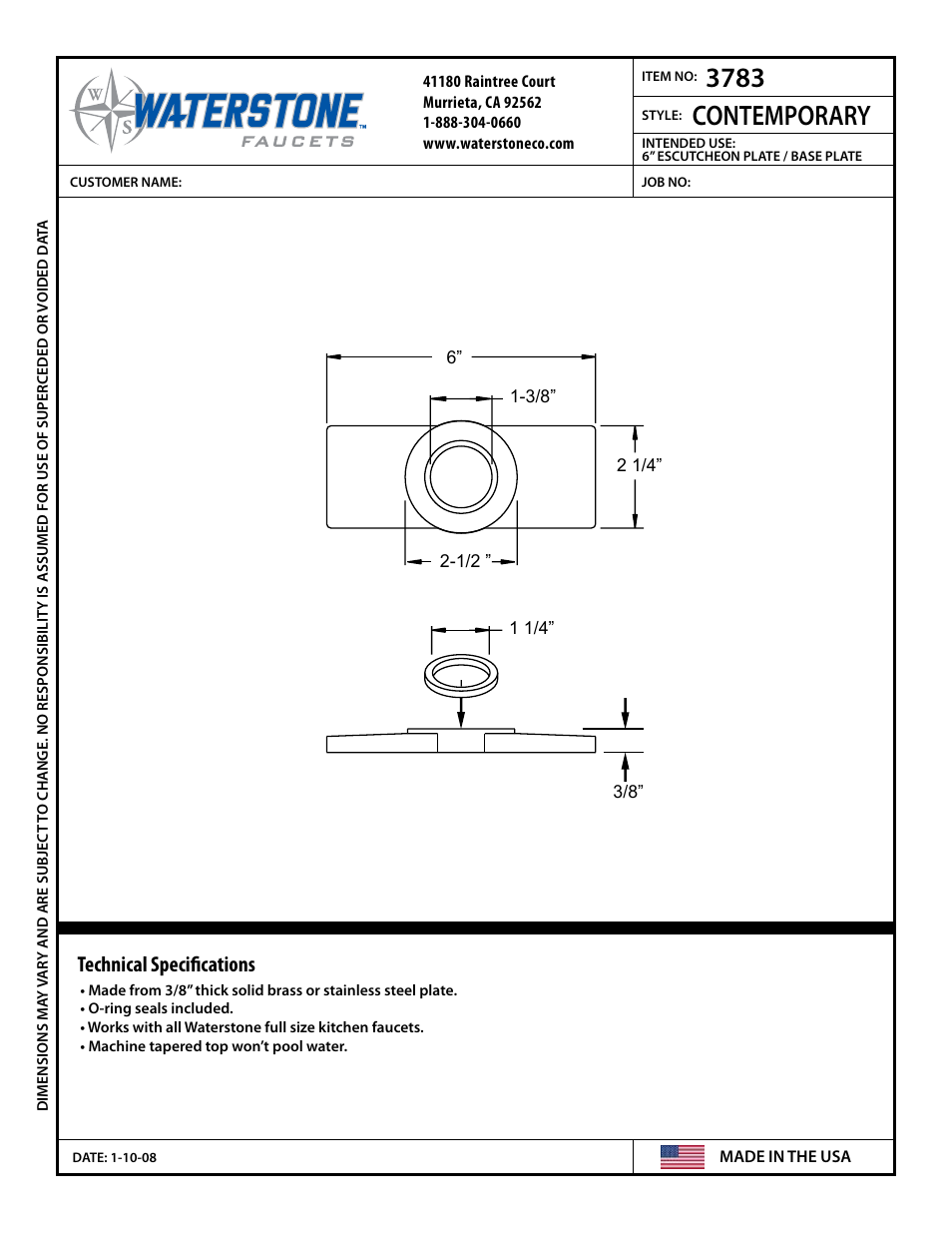 Waterstone ESCUTCHEON PLATES 3783 User Manual | 1 page