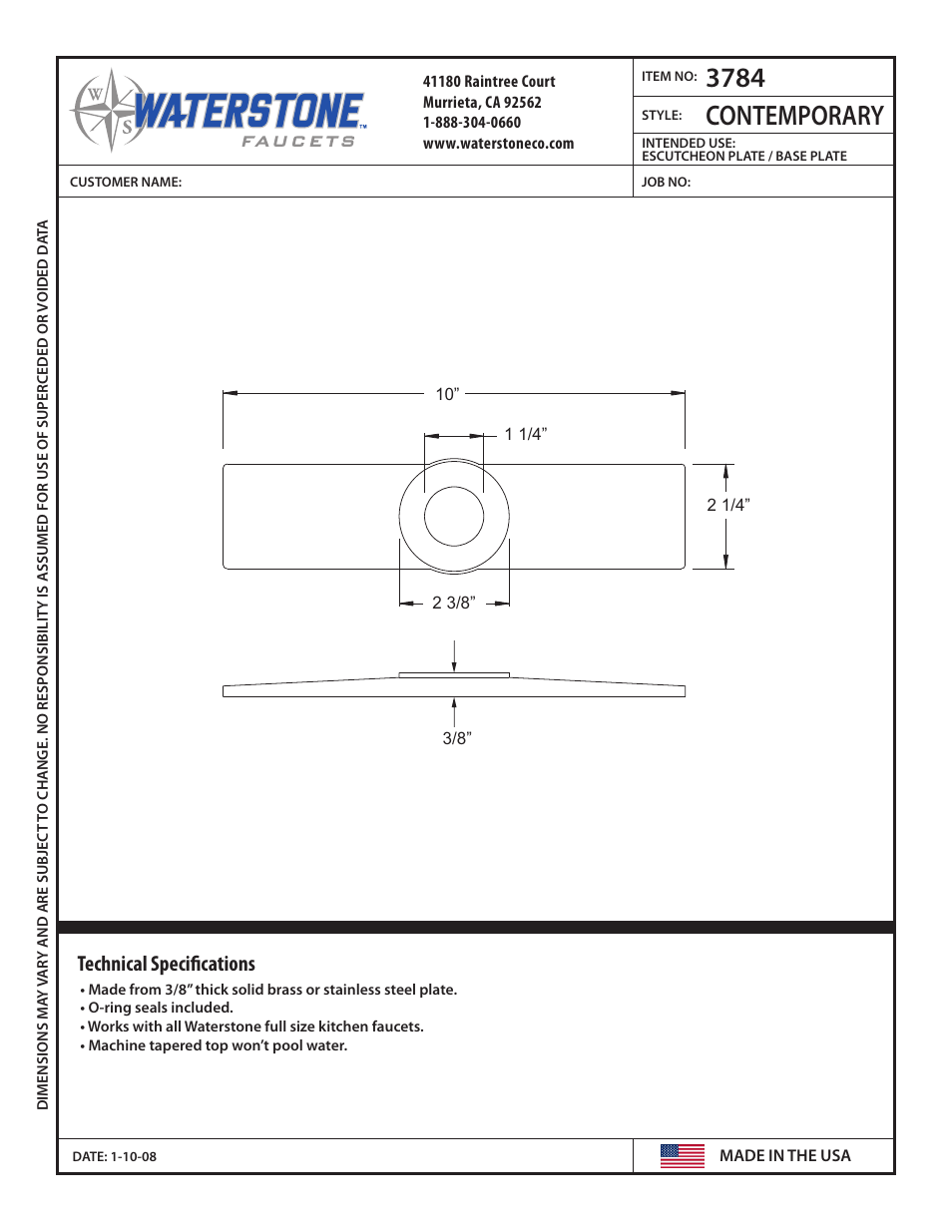 Waterstone ESCUTCHEON PLATES 3784 User Manual | 1 page