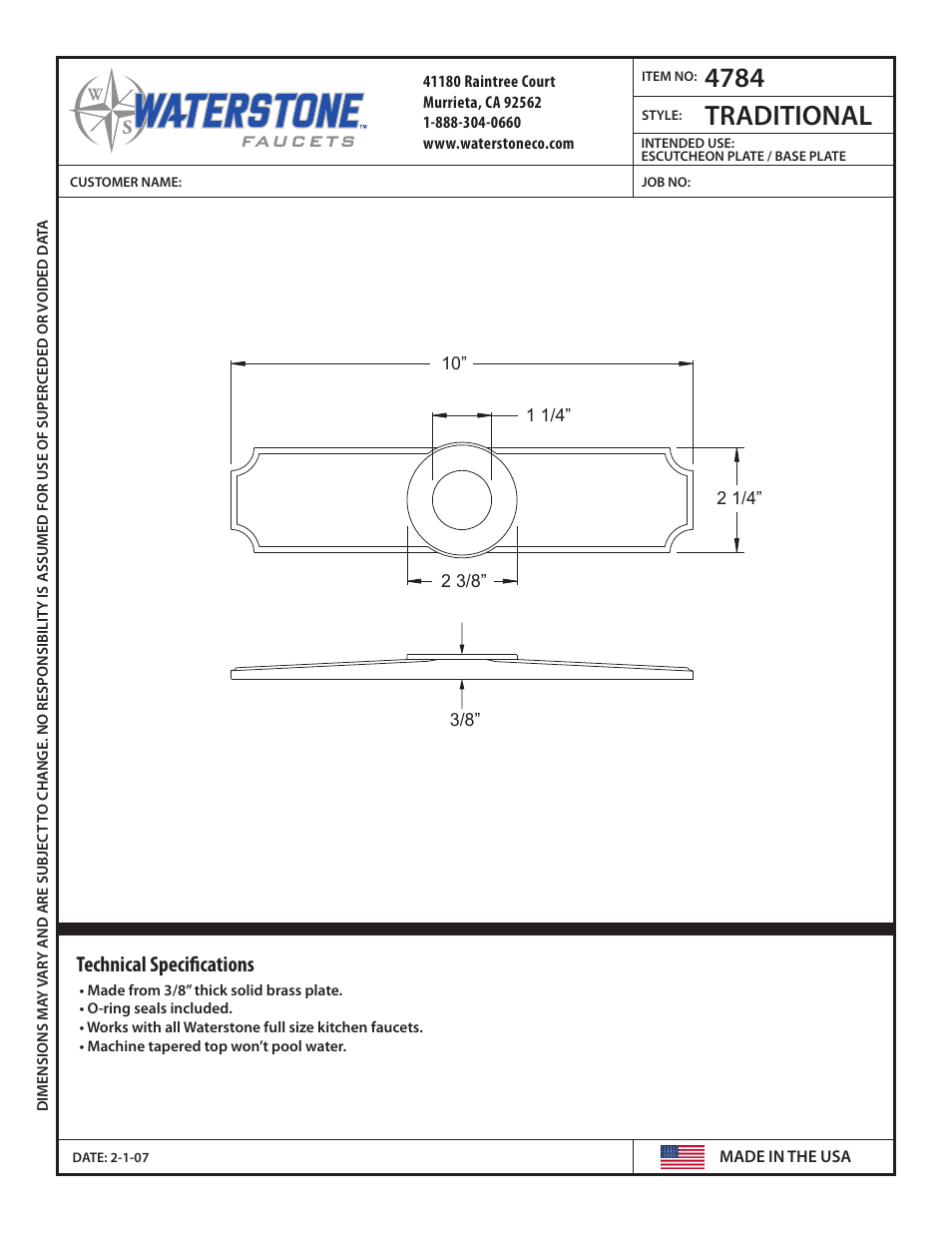 Waterstone ESCUTCHEON PLATES 4784 User Manual | 1 page