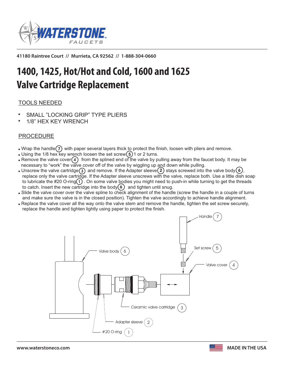 Waterstone Hot-Hot and Cold Valve Cartridge 1400, 1425, 1600, 1625 User Manual | 1 page