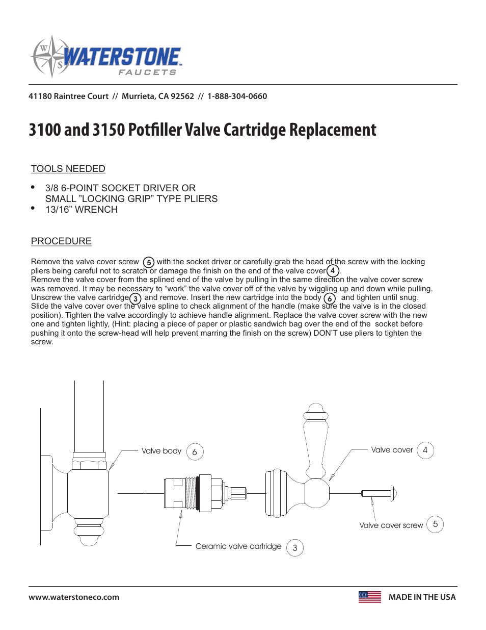 Waterstone Potfiller Valve Cartridge 3100, 3150 User Manual | 1 page