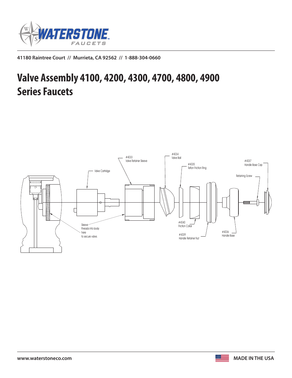 Waterstone Valve Assembly 4100, 4200, 4300, 4700, 4800, 4900 Series User Manual | 1 page