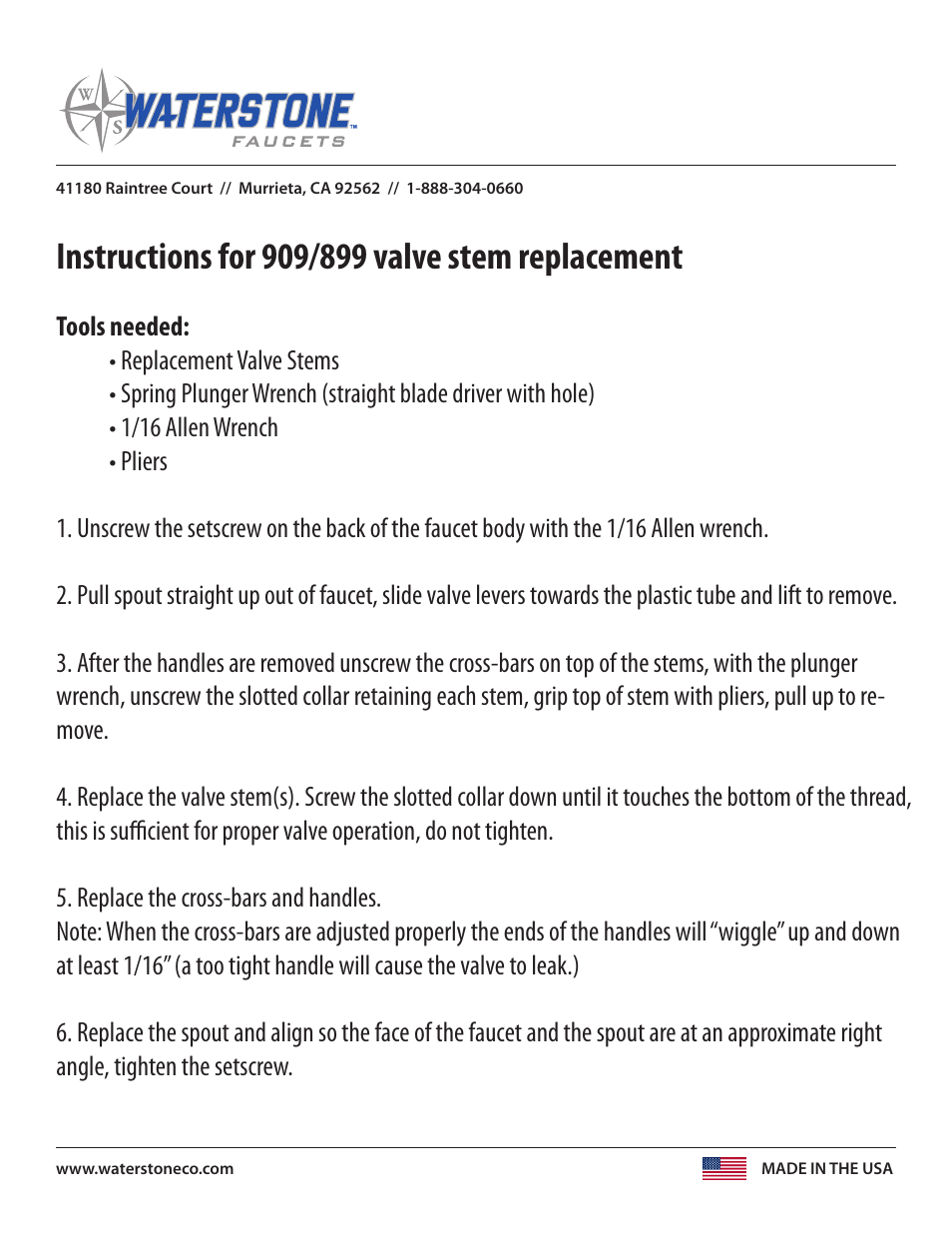 Waterstone Valve stem 909_899 User Manual | 1 page