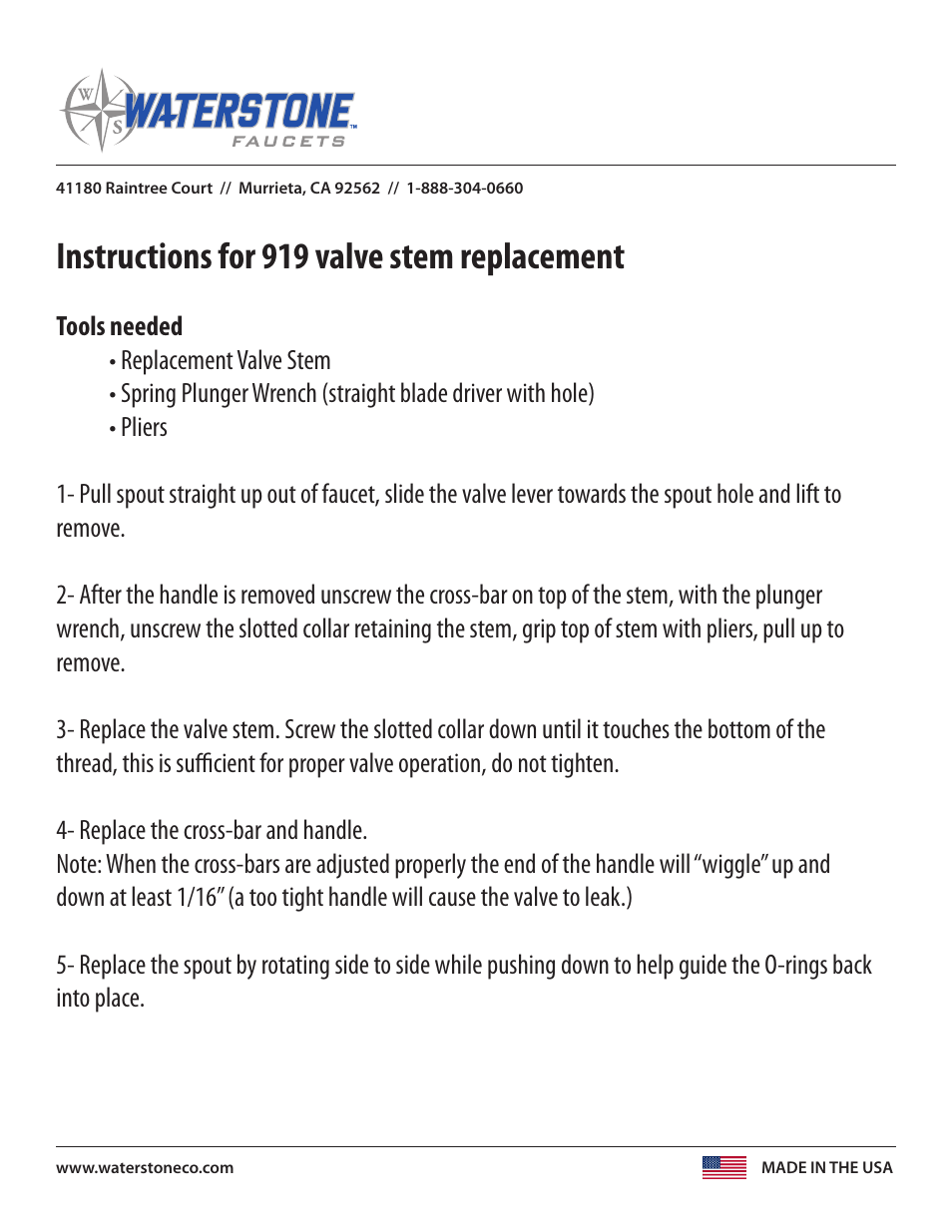 Waterstone Valve stem 919 User Manual | 1 page