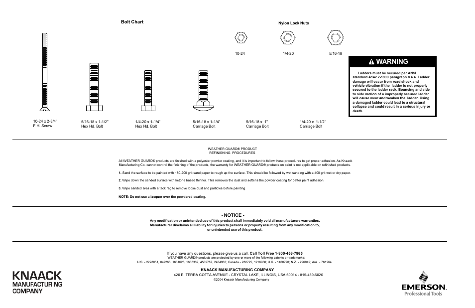 Warning, Notice, Bolt chart | WEATHER GUARD 1280 User Manual | Page 6 / 6