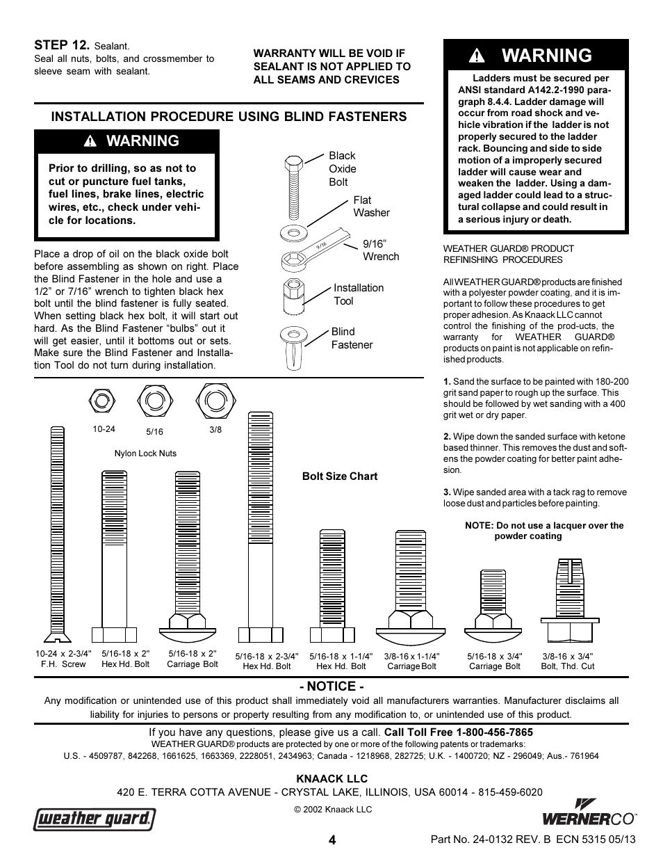 Warning, Notice, Installation procedure using blind fasteners | Step 12 | WEATHER GUARD 1245 User Manual | Page 4 / 4