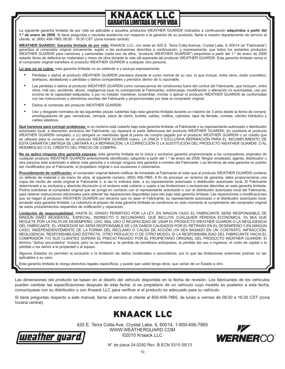 Garantía limitada de por vida | WEATHER GUARD 644-X-01 through 685-X-01 User Manual | Page 10 / 15