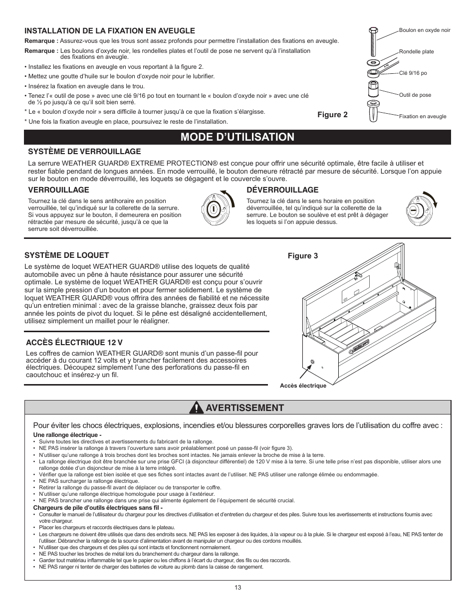 Mode d’utilisation, Avertissement | WEATHER GUARD 644-X-01 through 685-X-01 User Manual | Page 13 / 15