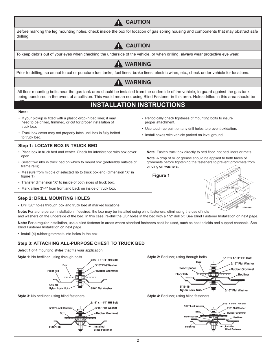 Installation instructions, Caution warning, Caution | Warning, Step 1: locate box in truck bed, Figure 1 step 2: drill mounting holes, Step 3: attaching all-purpose chest to truck bed | WEATHER GUARD 644-X-01 through 685-X-01 User Manual | Page 2 / 15