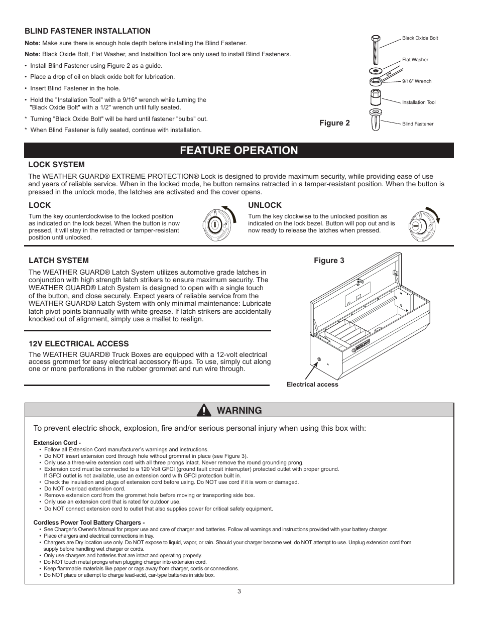 Feature operation, Warning | WEATHER GUARD 644-X-01 through 685-X-01 User Manual | Page 3 / 15