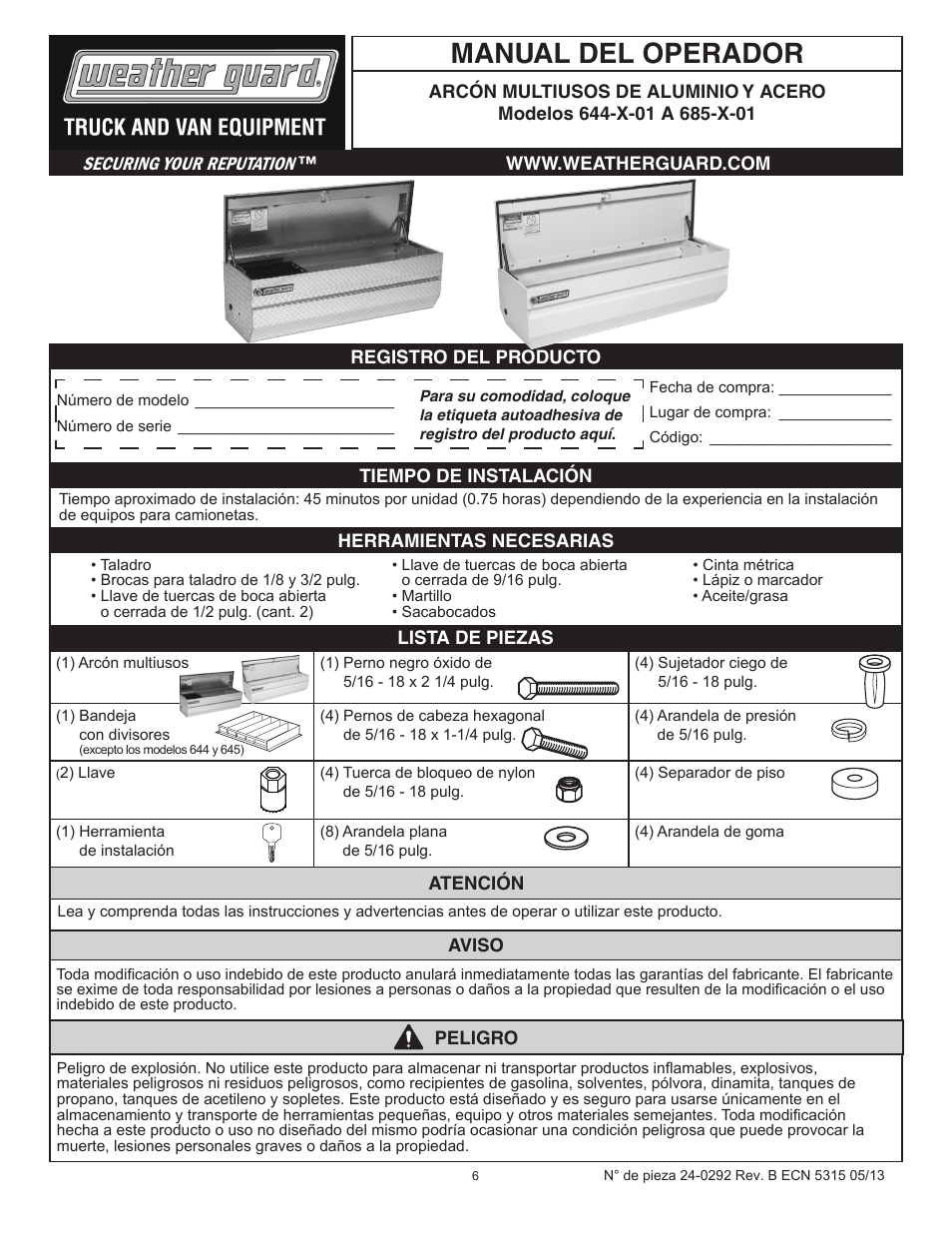 Manual del operador | WEATHER GUARD 644-X-01 through 685-X-01 User Manual | Page 6 / 15