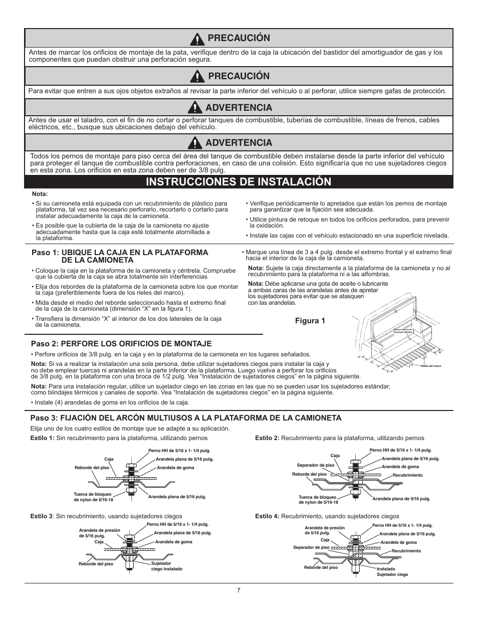 Instrucciones de instalación, Precaución advertencia, Precaución | Advertencia, Figura 1 paso 2: perfore los orificios de montaje | WEATHER GUARD 644-X-01 through 685-X-01 User Manual | Page 7 / 15