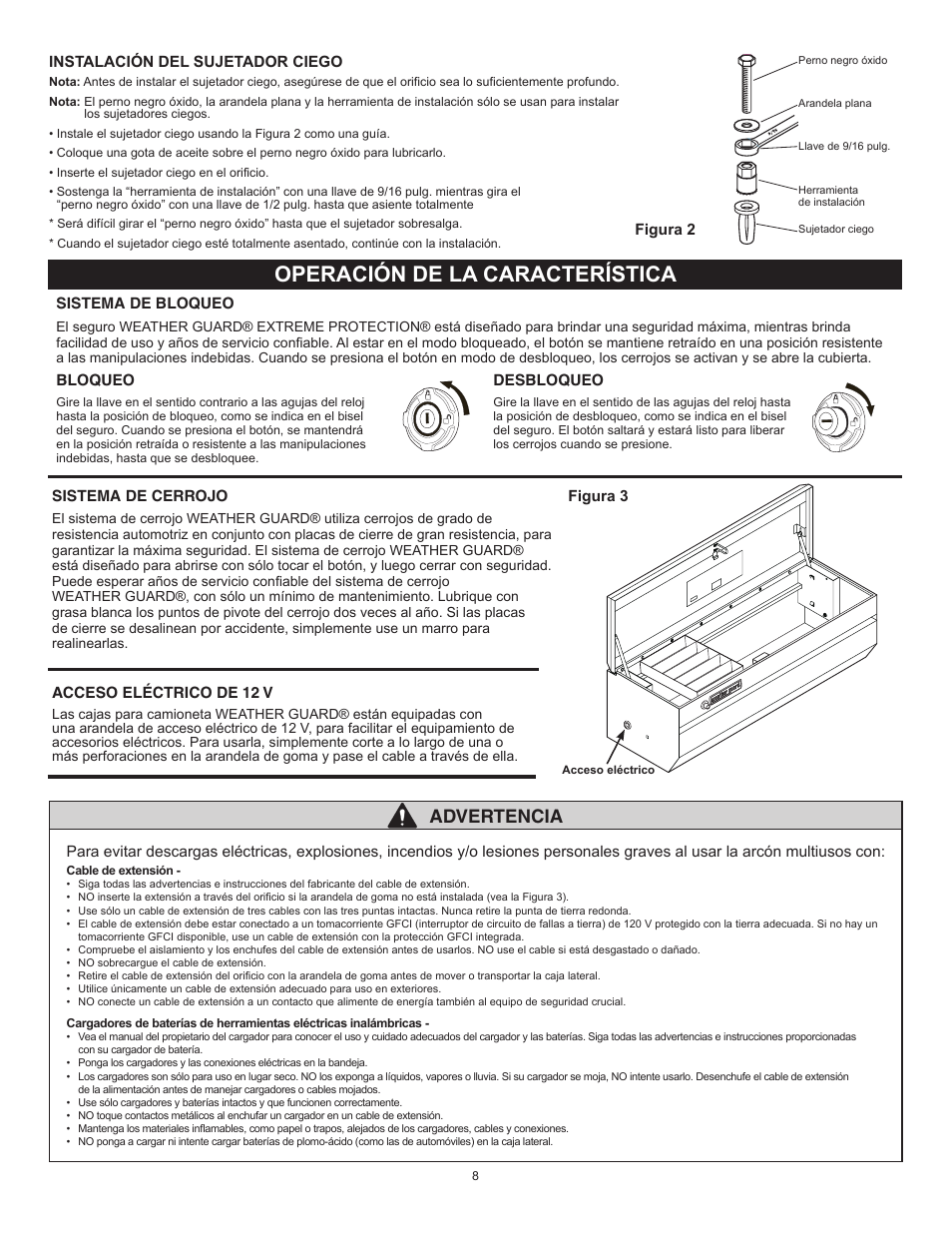 Operación de la característica, Advertencia | WEATHER GUARD 644-X-01 through 685-X-01 User Manual | Page 8 / 15