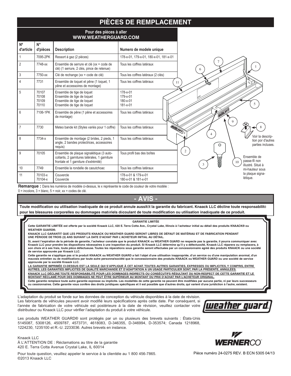 Pièces de remplacement, Avis | WEATHER GUARD 178-X-01 through 181-X-01 User Manual | Page 12 / 12