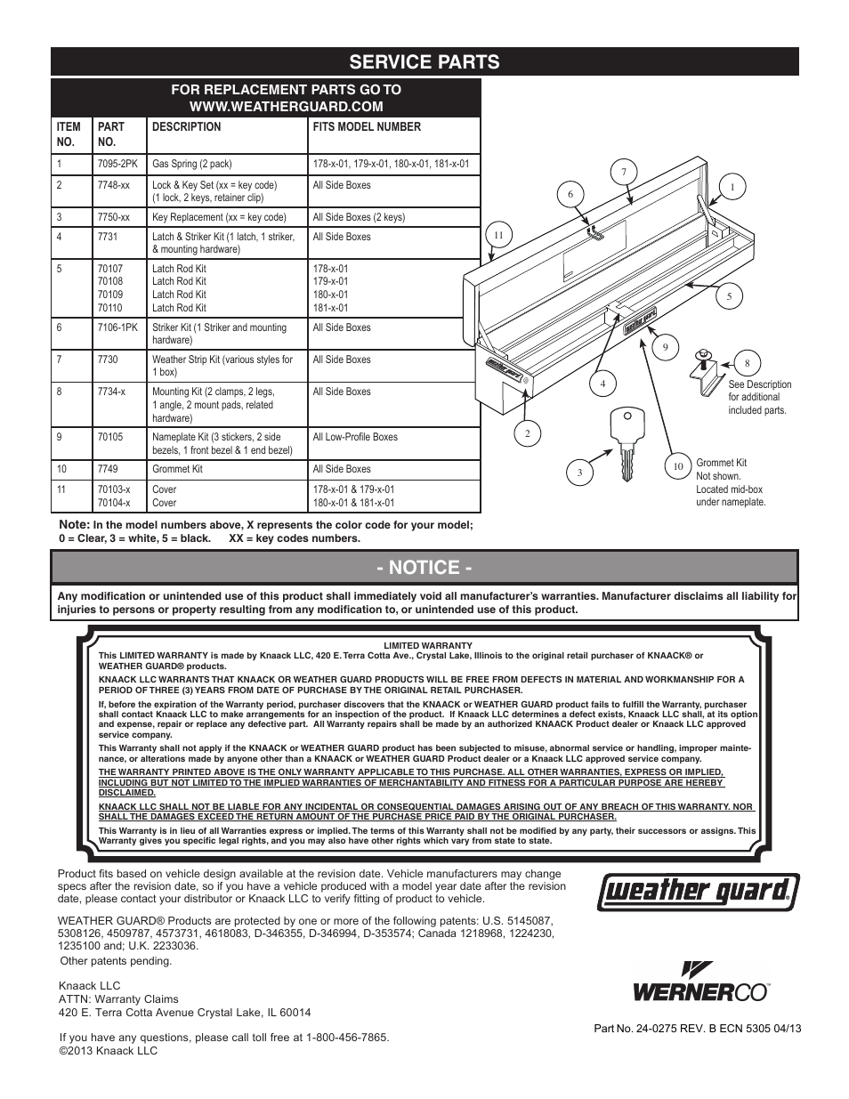 Notice - service parts | WEATHER GUARD 178-X-01 through 181-X-01 User Manual | Page 4 / 12