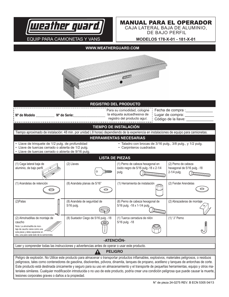Manual para el operador, Caja lateral baja de aluminio, de bajo perfil, Equip para camionetas y vans | WEATHER GUARD 178-X-01 through 181-X-01 User Manual | Page 5 / 12