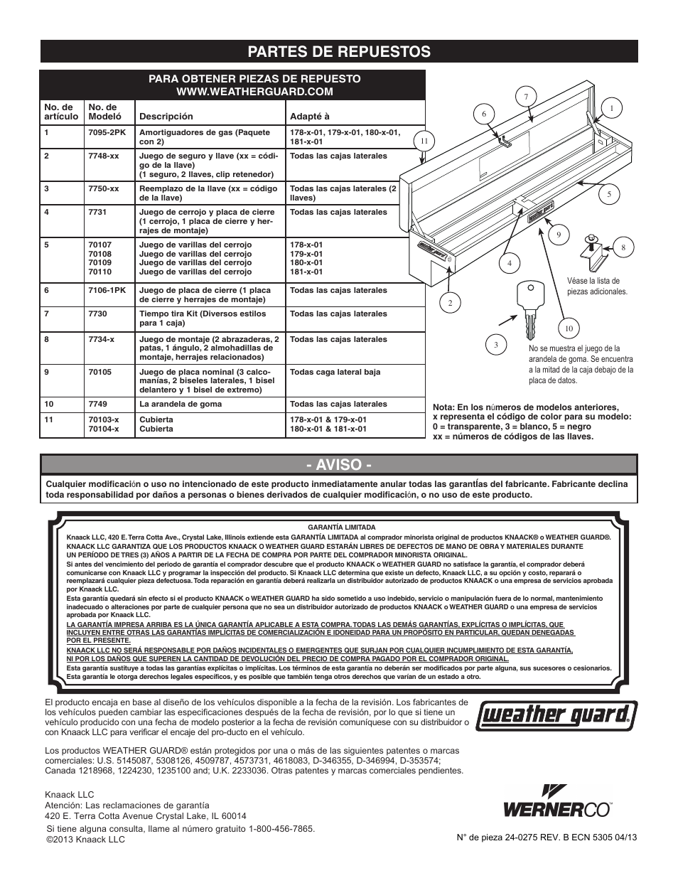 Aviso - partes de repuestos | WEATHER GUARD 178-X-01 through 181-X-01 User Manual | Page 8 / 12