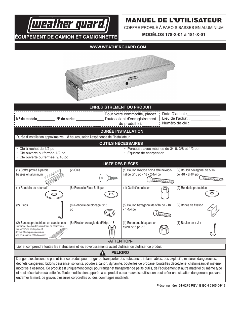 Manuel de l’utilisateur, Équipement de camion et camionnette | WEATHER GUARD 178-X-01 through 181-X-01 User Manual | Page 9 / 12