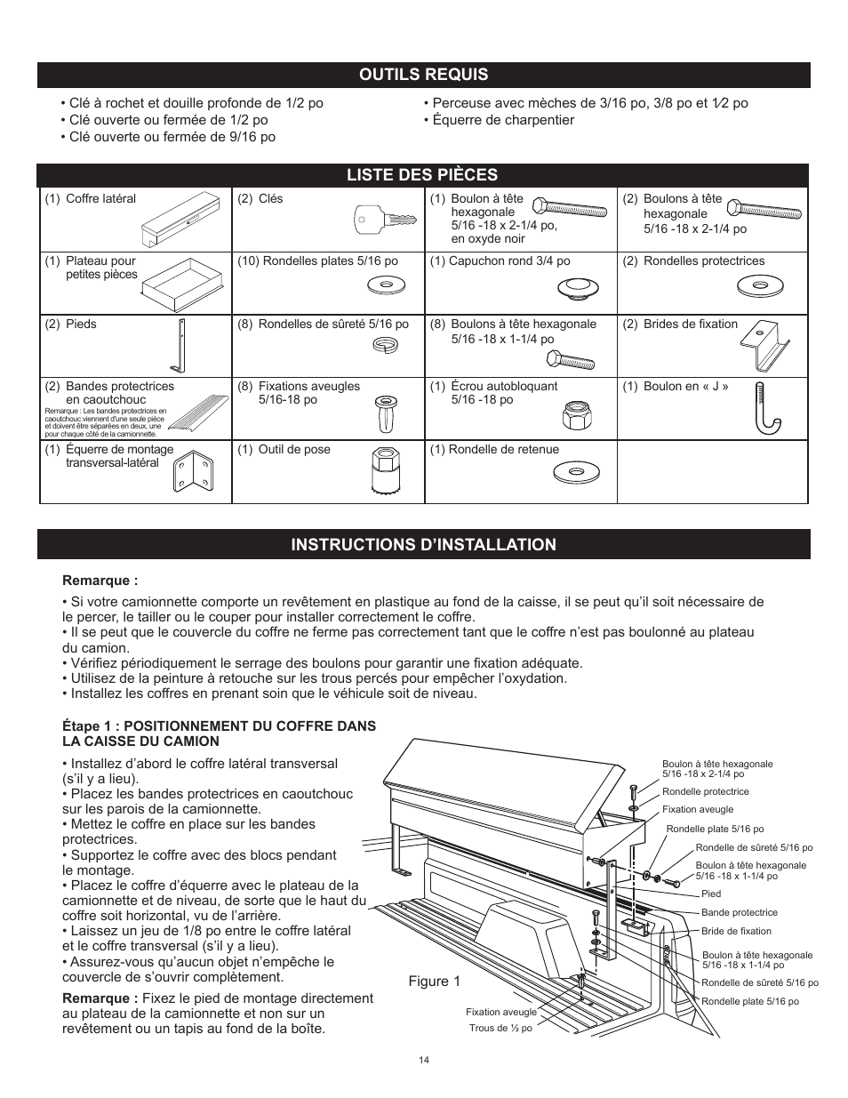 Instructions d’installation liste des pièces, Outils requis | WEATHER GUARD 164-X-01 THRU 186-X-01 User Manual | Page 14 / 18