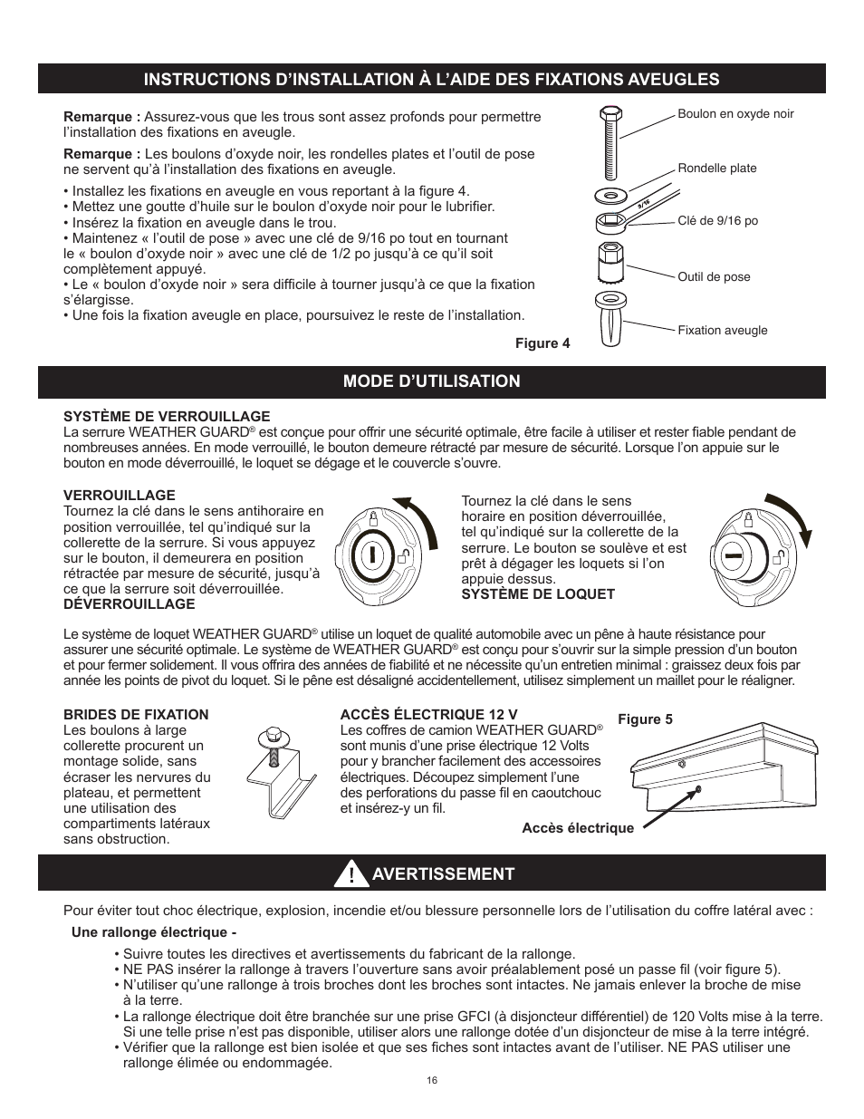 Mode d’utilisation, Avertissement | WEATHER GUARD 164-X-01 THRU 186-X-01 User Manual | Page 16 / 18